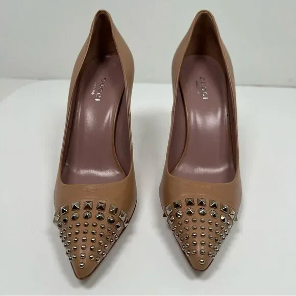 Gucci Gucci Beige Leather Studded Coline Pumps Size 38 - Picture 2 of 13